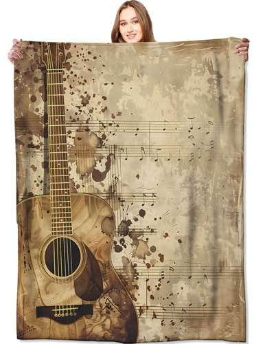 VODRM Vintage Guitar Blanket Music Notes Retro Throw Blankets,Birthday Gifts for Women Men,Lightweight Soft Fleece,Musician Lovers,Sofa Couch Bed Room Modern Rustic Decor 50x60in