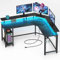 Rolanstar Escritorio en L con LED y Tomas de Corriente, Mesa Ordenador con Soporte para Monitor y Estante, Escritorio Gaming Reversible con 2 Ganchos (Negro, 134,5 x 117,5 x 86,9cm)