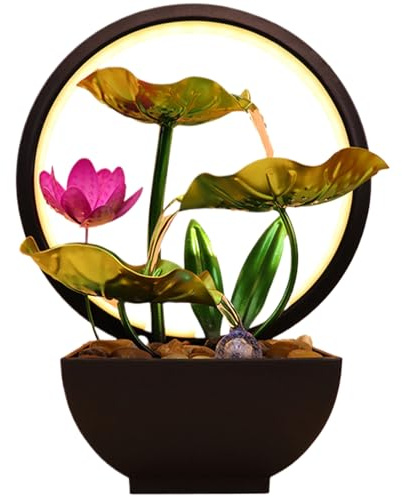Fontana da tavolo interno, foglia di lotus piccole fontane a cascata, fontana da tavolo in illuminazione a 3 livelli, fontana di rilassamento zen verde per casa