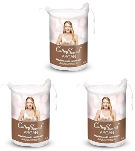 COTTON SOUND ARGAN Maxi Dischetti Struccanti 40 Pezzi, Dischetti 100% Cotone con Microcapsule d'Argan, Azione Emolliente, Lato Liscio e Lato Goffrato, Made in Italy (Confezione da 3)