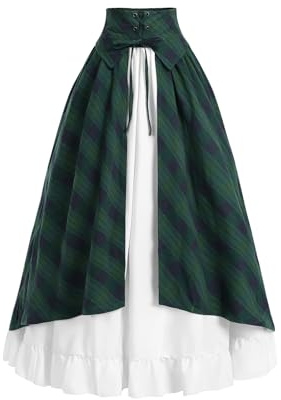Fiamll Jupe traditionnelle victorienne pour femme - Jupe Renaissance avec volants - Taille haute - Lacing - Jupe médiévale maxi, Bleu sarcelle à carreaux, XL