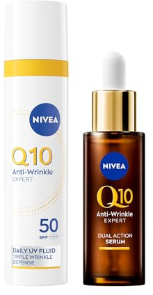 NIVEA Q10 Expert Skincare Kit Anti-Rughe, Set skincare completo con Siero Viso Doppia Azione 30 ml e Fluido UV Quotidiano Crema Viso SPF 50 40 ml per una pelle protetta e dall'aspetto più giovane
