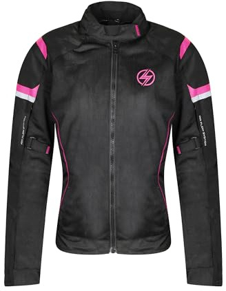 Chaqueta de moto de verano para mujer – Chaqueta protectora transpirable con protecciones homologadas CE Tejido de malla ligero y duradero (FR/ES, Letras, L, Regular, Regular, Negro Rosa)