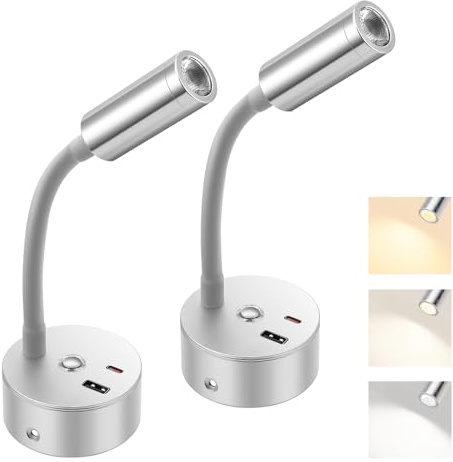 2 Pezzi Lampada da Lettura a LED, Lampada Da Comodino a Collo di Cigno 360° Flessibile, Luci da Parete Senza fili Dimmerabile per Camper con Porta di Ricarica USB + Type-C, per Barche Roulotte Yacht