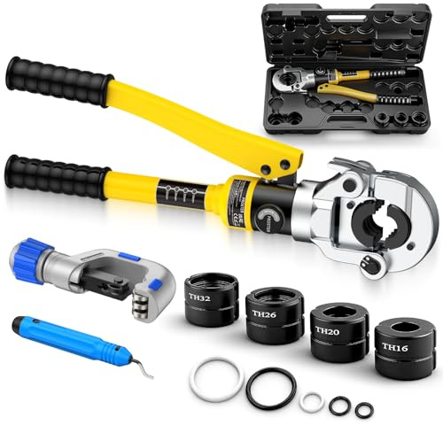 Proster Hydraulic Crimping Pliers 8 Ton Crimping Pliers TH16 TH20 TH26 TH32 Pipe Cutter Burr Cutter with Sealing Rings & Sturdy Plastic Box (with Pipe Cutter)