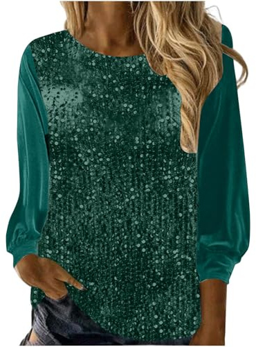 Pull à Paillettes Femme Chic et Élégant Manche Longues T Shirt Sexy Paillettes Blouse Brillant Col Rond Casual Chemisiers Paillette Haut Décontracté Brillante Hauts Cocktail Soirée Party Club Noel