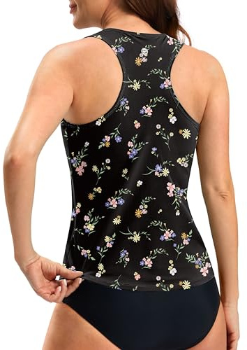 G Gradual Tankini Tops for Women High Neck Swim Top Only,Black Flower,S | Racerback, Removable Pads, No Bottom, Bathing Suit Tops, Modest Swimsuits Tank Top for Beach and Water Sports