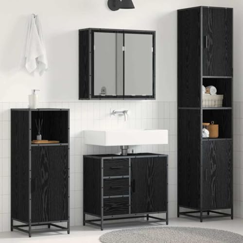 Yunovire Badrumsmöbler set 4-delat svart ekutseende med tvättställsunderskåp, spegelskåp, högskåp, midiskåp, 65 x 33 x 60 cm, väggmontering för badrum, gästtoalett, förvaringsutrymme