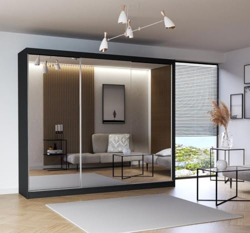 Modern Double Full Mirror sliding door wardrobe with 2 LED Light Width 100cm/120cm/150cm/180cm/203cm/250cm(250cm, Black)
