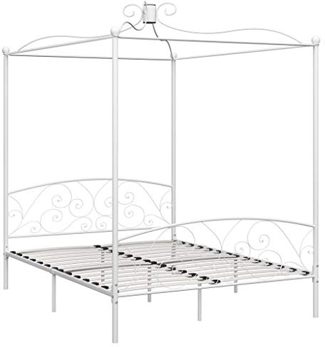 vidaXL Letto a Baldacchino con Rete a Doghe Elegante Classico Robusto Telaio Superiore Struttura Giroletto Bianco in Metallo 160x200 cm