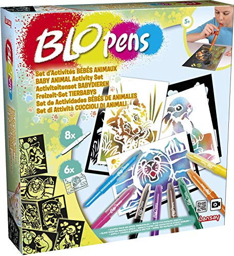 Lansay BLOPENS - Set Activités Bébés Animaux - Feutres de Coloriage À Souffler avec Pochoirs Réutilisables - Idée Cadeau Enfants dès 5 Ans - Kit Création Dessins Bébé Animaux Mignons