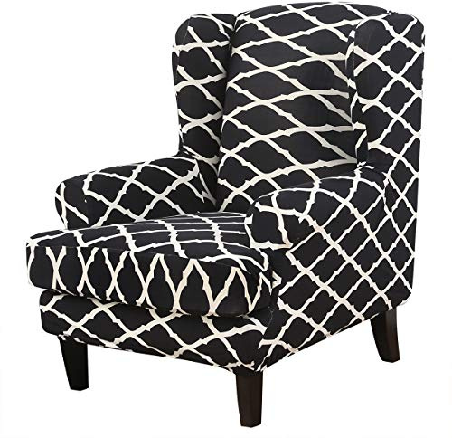 MIFXIN Wingback Chair Slipcovers 2-Piece Spandex Stretch Wingback Chair Covers with Cushion Cover Soft Washable Universal Armchair Furniture Protector for Living Room (White-Black)