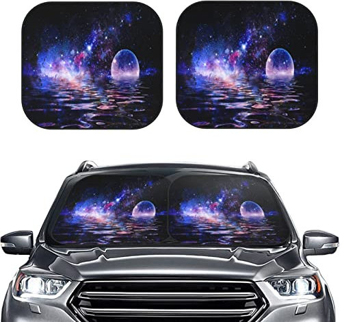 Auto Zubehör Sonnenschutz 2-teilig 74x60cm mit Aufbewahrungstasche Auto Scheibenabdeckung Sommer Sonnenschutz Auto Frontscheibe Schwarze Faltbar Motiv Nachthimmel Meer Mond Auto Sonnenschutz