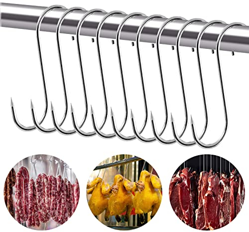 Butcher Hooks, S Hooks, Pack of 10, 3 x 15 cm Stainless Steel Metal Hooks, Smoking Hooks with Pointed End, Meat Hooks, S-Hooks for Meat Smoking, Meat Processing, BBQ