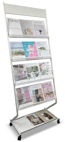 tongmo Floor-Standing Magazine Rack 4-Layer with Wheels, Brochure Display Stand, High-hardness metal for Exhibitions, Office, and Any Organization Requiring Information Display (White)