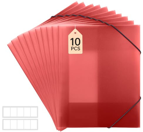 FRETONBA Plastic Folders A4 with Elastic Bands, Document Wallets Pack of 10 Pieces, File Organiser for Paperwork, Punched Pockets A4 with 3 Flaps for Files, Paper Storage, Transparent Red