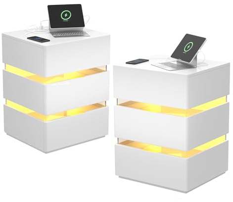 LEADZM Table de Chevet Lot de 2 avec lumières LED Station de Charge | et Ports USB 3 Tiroir,Table d'appoint, Commode de Nuit Convenant à Tous Les Lits et Chambres à Couche Blanc