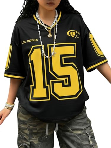 SOLY HUX Jersey Shirts for Women Number Graphic Print V Neck Baggy Tees Hip Hop Streetwear Black Graphic Small