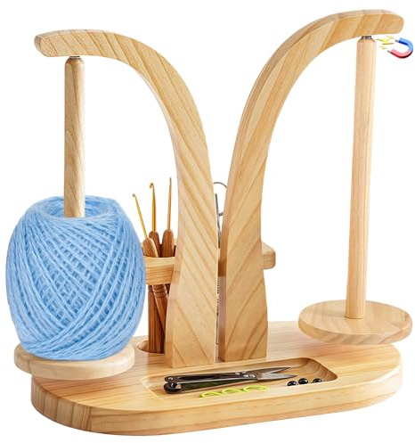 Yowmina Porta Gomitolo Uncinetto in Legno, Doppia Asta Svolgitore di Lana Magnetico Rotante a 360°, Organizer per Accessori con Porta Cellulare, Idea Regalo per Appassionati di Maglia