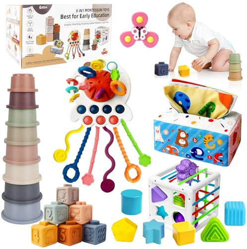 KETIEE Montessori Spielzeug Baby ab 1 Jahr, 6 in 1 Baby Toys Sensorisches Baby Spielzeug, Motorikspielzeug, UFO Zugschnur, Stapelturm, Stapelbecher, Tücherbox, Spinner