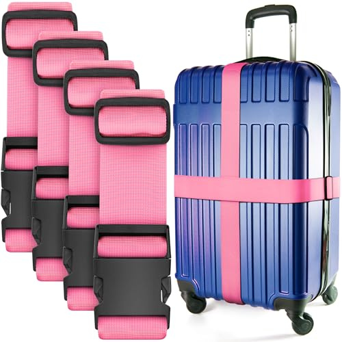 Luggage Straps for Suitcases - TSA Approved - Pink, 4 PK - Premium Nylon Belts for Suitcase, Briefcase & Travel Bag - Adjustable Strap Length 46 - 78