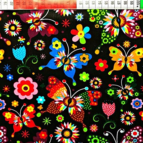 Pingianer 100x160cm Schmetterling 100% Baumwolle Baumwollstoff Kinder Meterware Handwerken Nähen Stoff (Schmetterling Schwarz Bunt, 100x160cm (11,99€/m))