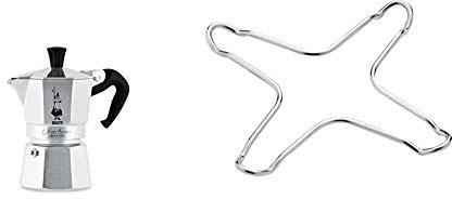 Bialetti Moka Express Aluminium Stovetop Coffee Maker (2 Cup), 8x11x11 cm & Café Ole T4287/C Trivet Ring Reducer for Gas Hobs Suitable for Stovetop Coffee Makers Moka Pots Percolators, 9.5x9.5x0.6cm