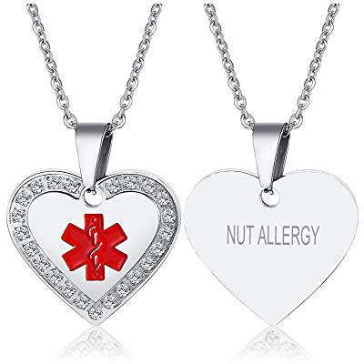 XUANPAI NUT ALLERGY Custom Engraving Emergency Medical Alert ID Neklace Cubic Zircon Heart Pendant for Women Girls,Chain 20