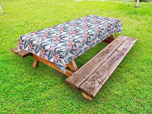 ABAKUHAUS Tropical Outdoor Tablecloth, Banana Palm Lilies, Decorative Washable Picnic Table Cloth, 58 X 84, Coral Orange and Blue