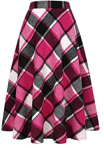 Ylingjun Falda larga de lana a cuadros para mujer invierno otoño cálido cintura elástica alta una línea acampanada plisada lana tartán faldas, Rojo rosa, Medium