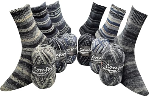 Sockenwolle Strumpfwolle Comfort Color 4-fädig - Farbset 6x100gr - 420m Lauflänge- bunter Mix dezenter Jeansfarben- Muster direkt aus dem Knaul