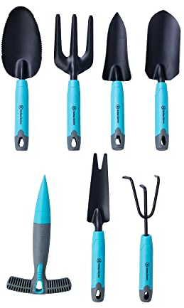 Holtaz Garten Gartengeräte 7er Set - Garten-Werkzeug Set mit Handschaufel Pflanzenkelle Unkrautstecher Unkrautstriegel Gartenrechen Pflanzer für Blumenbeet Hochbeet Garten