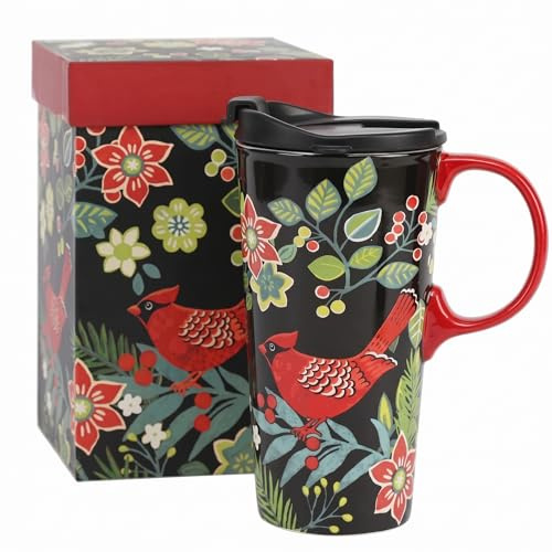 DUSVALLY 17oz Ceramic Travel Mug with Lid, Red Cardinal Bird Coffee Mug, Folk Art Floral Tea Cup, Microwave & Dishwasher Safe, Gift Box Included | Festive Floral Print, Microwave & Dishwasher Safe, Gift-Ready