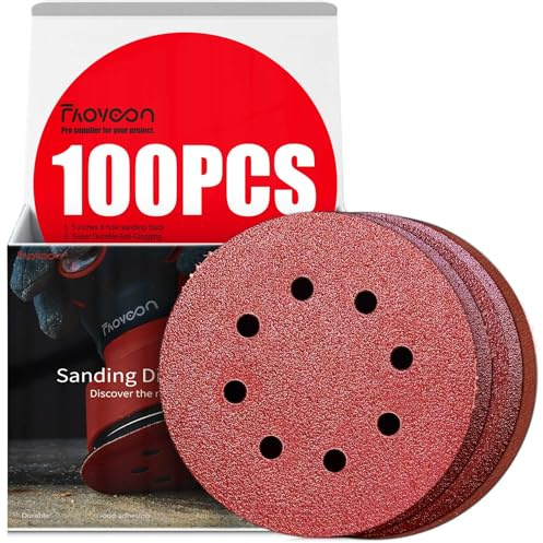 Faoyoon Sanding Disc 5 Inch 8 Hole, 100 Pcs Orbital Sanding Discs Hook and Loop, Sandpaper for Wood, 40 60 80 120 220 Grit Sand Paper for Random Orbital Sander