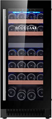 BODEGA43-28 Schmaler Weinkühlschrank Freistehend und Einbau, 2 Zonen, 74 Liter, 28 Flaschen, 5 Regaleinschübe, Vollglastür mit UV-Filter, Geräuscharm (39 dB) und sehr vibrationsarm