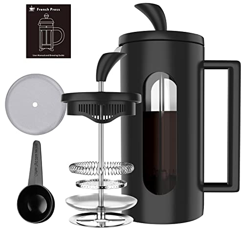 BOMPCAFE Cafetera de prensa francesa de 2 a 4 tazas, 600 ml, sistema de filtración de 4 niveles, vidrio de borosilicato resistente al calor con filtro de acero inoxidable, 600 ml