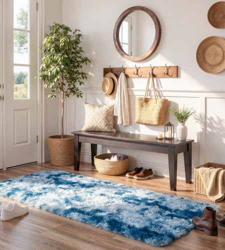 VOFUSHON Teppich Läufer 80x150 cm Batik Blau Hochflor | Waschbar, Rutschfest, OEKO-TEX Zertifiziert, 35D Rückprallschaum, Flauschig, Flur, Wohnzimmer, Schlafzimmer, Kinderzimmer