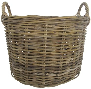 cesto porta legna vimini rotondo Cm 48x33 H con manico cm 42 H intreccio in robusto giunco. porta vaso, organizer