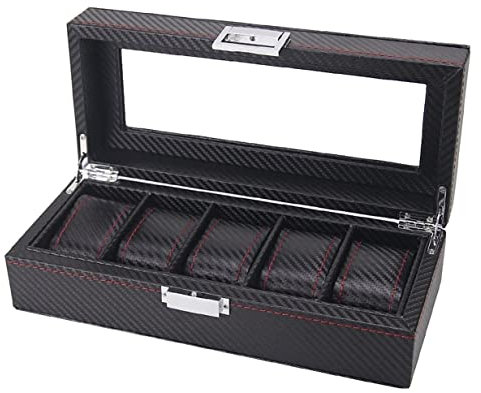 AMYSTY Uhrenkoffer Uhrenrolle Uhrenbox Uhrenschatulle Uhren-Display-Organizer Uhren-Display-Box Uhrenbox Kohlefaser 5 Slots Uhrenhalter Vitrine Clear Top Uhrenetui Uhren Aufbewahrungsbox