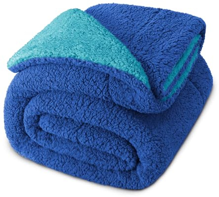 Exclusivo Mezcla Reversible Queen Size Sherpa Fleece Blanket, Thick and Warm Blankets for Winter, Soft Plush Fluffy for Bed, 230x230 CM, Navy/Blue