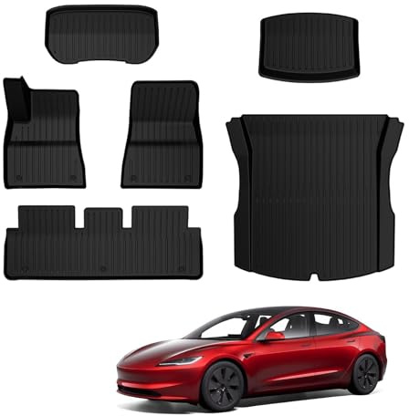 BASENOR 2024-2026 Tesla Model 3 Fußmatten Full Set Liner Allwetter Anti Rutsch wasserdichte Frunk und Kofferraummatten Zubehör Kompatibel mit Model 3 Highland