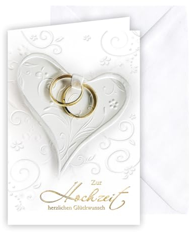 KE - Glückwunsch-Karte zur Hochzeit, mit Umschlag, DIN B6, stilvolle Hochzeitskarte/Vermählung, Motiv: Herz mit Ringe