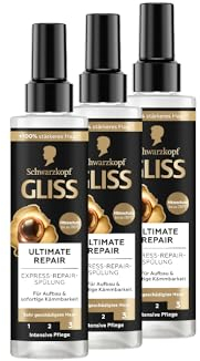 Gliss Express-Repair-Spülung Ultimate Repair (3x 200 ml), Haarspülung mit Keratin repariert extrem geschädigtes Haar, Pflegespülung mit Hitzeschutz bis zu 230 °C