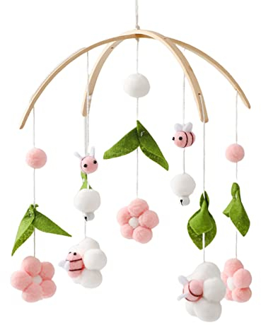 Bienenblüte Baby Mobile Babybett, Mobile Wickeltisch, Mobile Baby Holz Windspiel,Mobile Baby Windspiele mit Filzbällen Baby Windspiel Kinderzimmer Deko, Neugeborenen Geschenk Baby (Rosa)