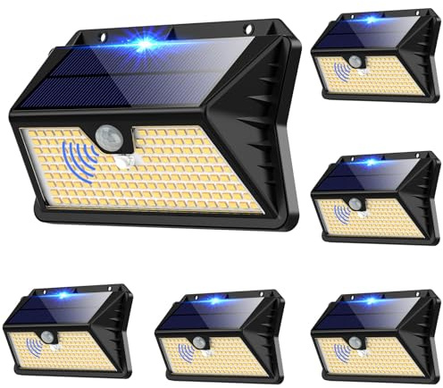 OUILA Solar Lights for Outdoor Wall Pack of 6, 185 LED, 3 Modes, Solar Outdoor Light with Motion Sensor, IP65 Waterproof LED Solar Wall Light, Garden, Yard, Fence Lighting, Front Doors (Warm White)