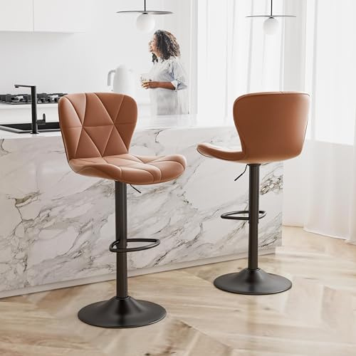 Hawthyhome Barhocker 2er Set Höhenverstellbar mit Lehne Braun | 360° Drehbar, Kunstlederbezug, Fußstütze, Barstuhl, Kücheninsel, Heimbar, Esszimmer, BarHocker