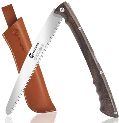 Folding Hand Saw, 10 Inch Brown Heavy Duty Pruning Saw, Hand Saw for Wood Cutting, Camping Saw with SK5 Curved Blade, Triple-cut Razor Teeth, Survival Saw with Brown Leather Sheath and Wooden Handle