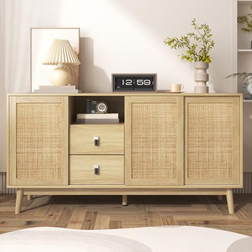 Fofetbfo 155cm Buffet de Rangement avec Porte de Grange Coulissante, 2 Tiroirs, pour Salle à Manger, Chambre à Coucher, Salon, la Cuisine (155 L x 38 l x 80 H)