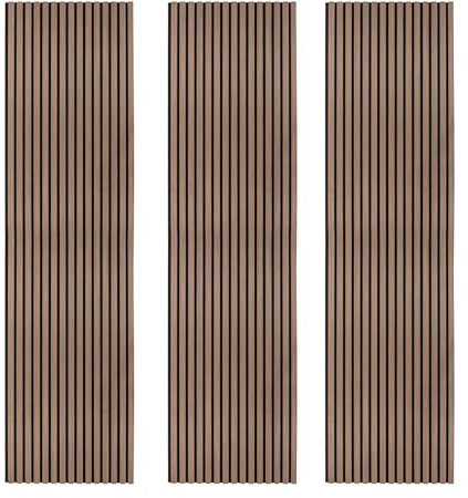 Acoustic Slat Wall Panels x 3 Dark Walnut Luxury 3D Wood Veneer Modern Feature Slatted Panelling Interior Wall or Ceiling 2400mm x 600mm Felt Backing Sound Absorbing Easy Installation Fixing Kit