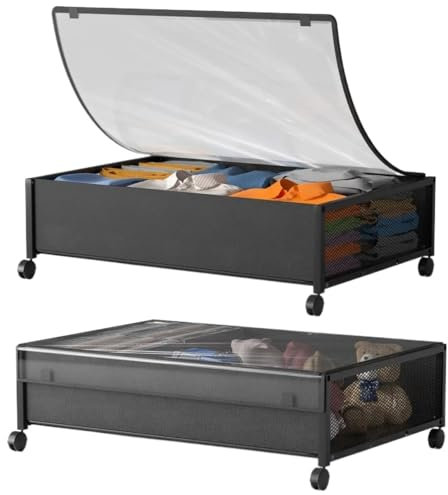 ENWWCH Unterbett-Stapelboxen 2er-Pack Unterbett-Aufbewahrung mit Rollen, große Aufbewahrungskörbe aus Metall mit Deckel zur Aufbewahrung von Kleidung, Schuhen und Bettwäsche Für Bettdecken，Kleidung